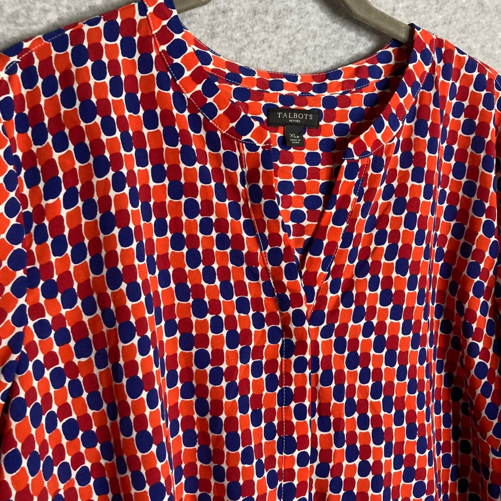 Talbots Women's XLP Red Blue‎ Patterned Long Sleeve Top Blouse Polka Dots Career